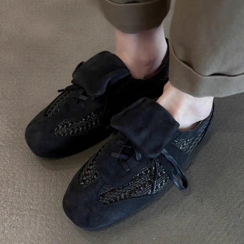 Fashion Women's Soft Sole Soft Sneaker Fall New Round Toe Deep Mouth Suede Open Toe Front Lace-Up Non-Slip Flats