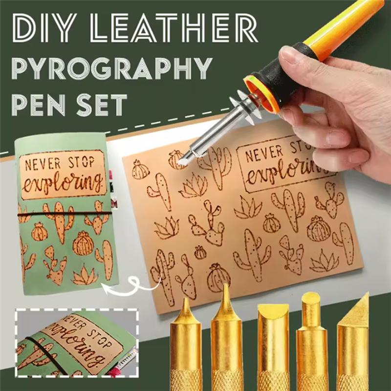 2025 Trend DIY Leather Pyrography Pen Set 7 PCS Wood Carving Pen With 5 Heads Stand Wood Craft Accessory For Graver Tool US Plug