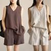 Summer Casual Loose Cotton and Linen Two-piece V-neck Vest Shorts Suit for Women