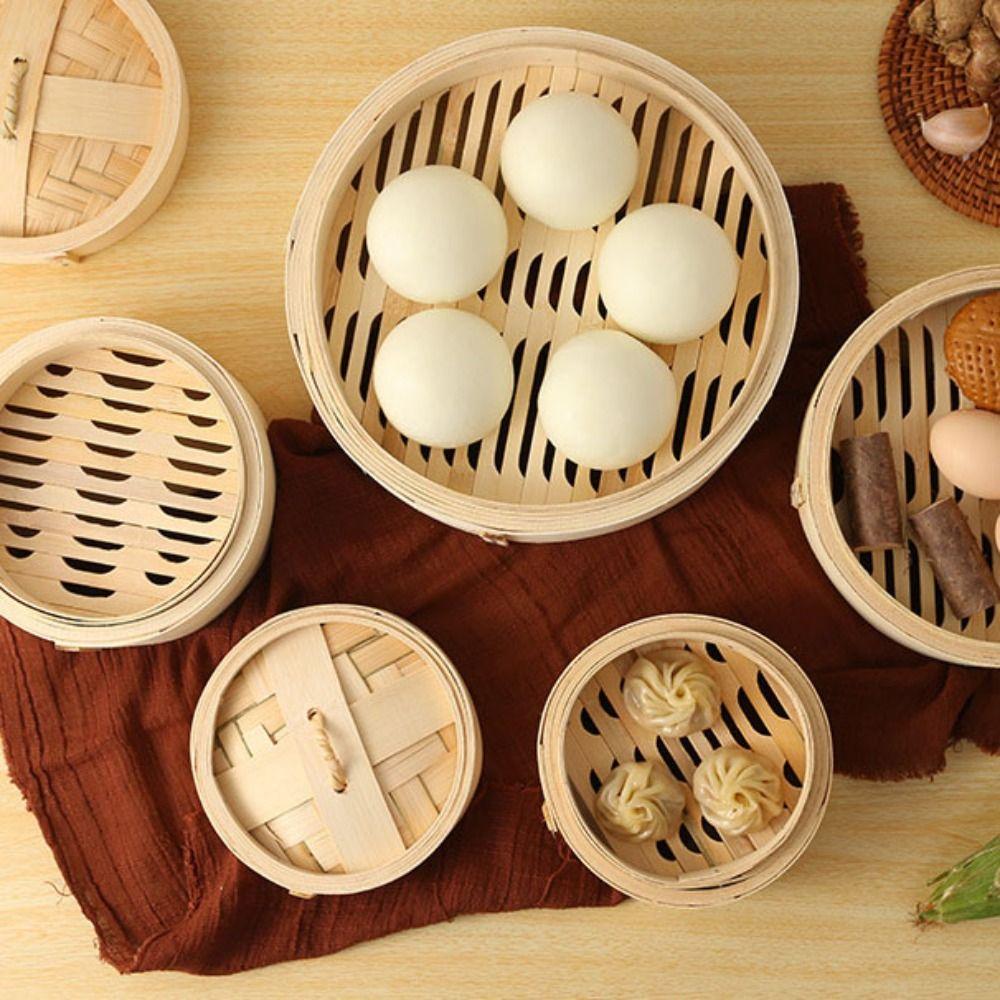 with Handle Bamboo Steamer Round Steam Basket Household Bamboo Steam Basket  14/16/18/20cm