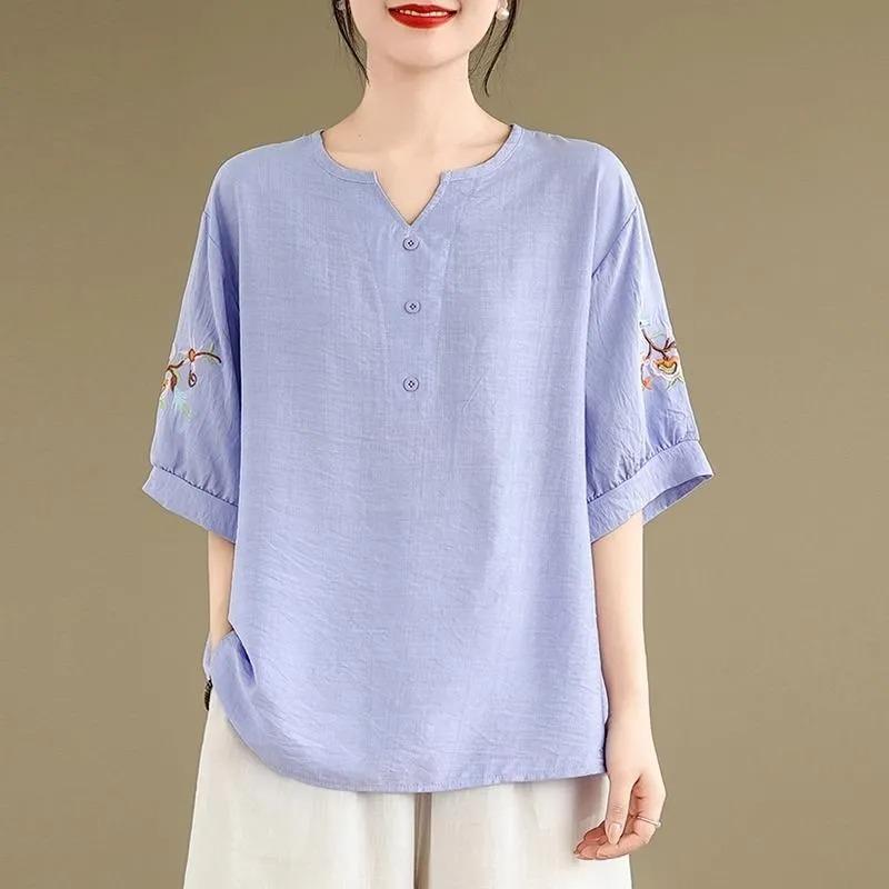 Ретро Этнический Стиль Вышитая Хлопково-Льняная Рубашка Женская Летняя Тонкая Рубашка Характер Льняная L фиолетовый