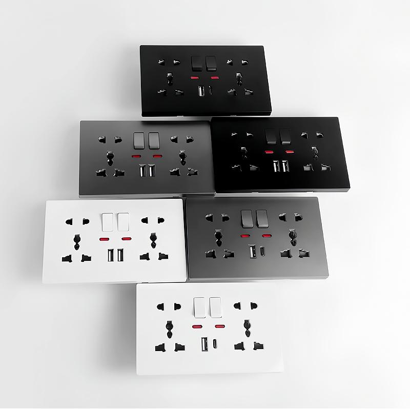 Universal Wall Socket with USB-C USB Charger & Switches- 2 Gang Power Outlet With LED, Flush Mount, AC 110-250V