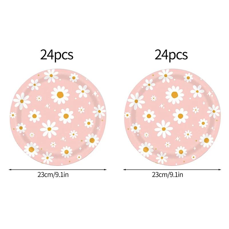 24pcs 7/9inch Pink Daisy Theme Disposable Tableware Flower Plate Napkin Straws Banner Birthday Party Baby Shower Wedding Decor