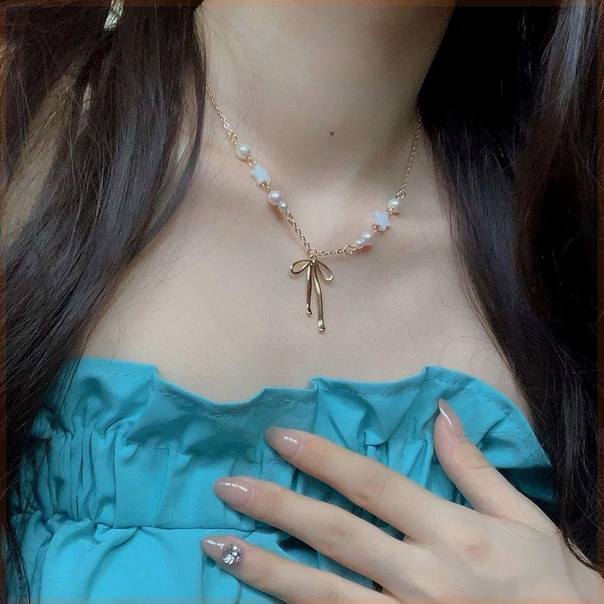 Сладкий любовный бант жемчужное ожерелье маленькое свежее темпераментная цепочка на ключицу девичье сердце цепочка на шею ожерелье ожерелье