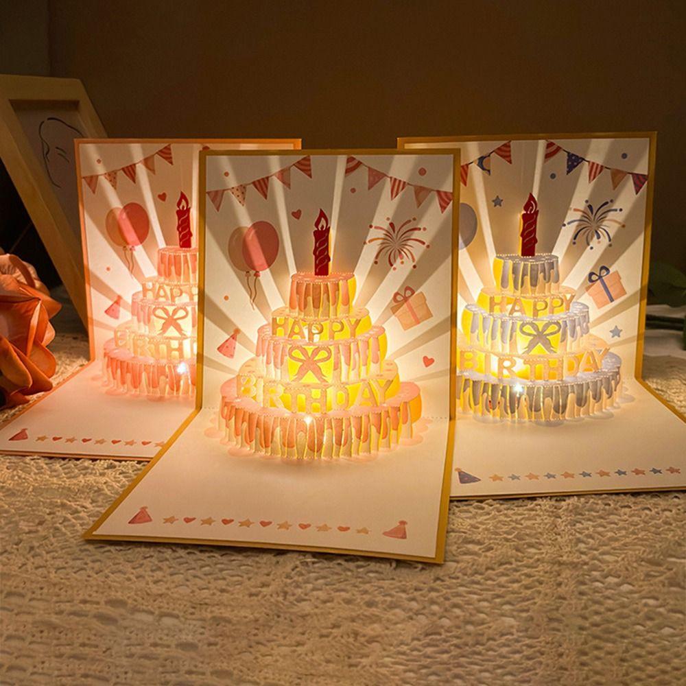 Musical and Light 3D Popup Greeting Card Birthday Cake Postcards  Birthday Gift