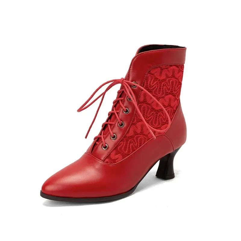 

Lace-up Women Ankle Boots Middle Heels Fashion Lace Pointed Toe Autumn Winter Women Shoes Black Red White Short Booties 43