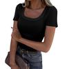 Women's U Neck Long Sleeve Tee Slim Fit Casual Ribbed Knit Solid Color Spring Basic Top