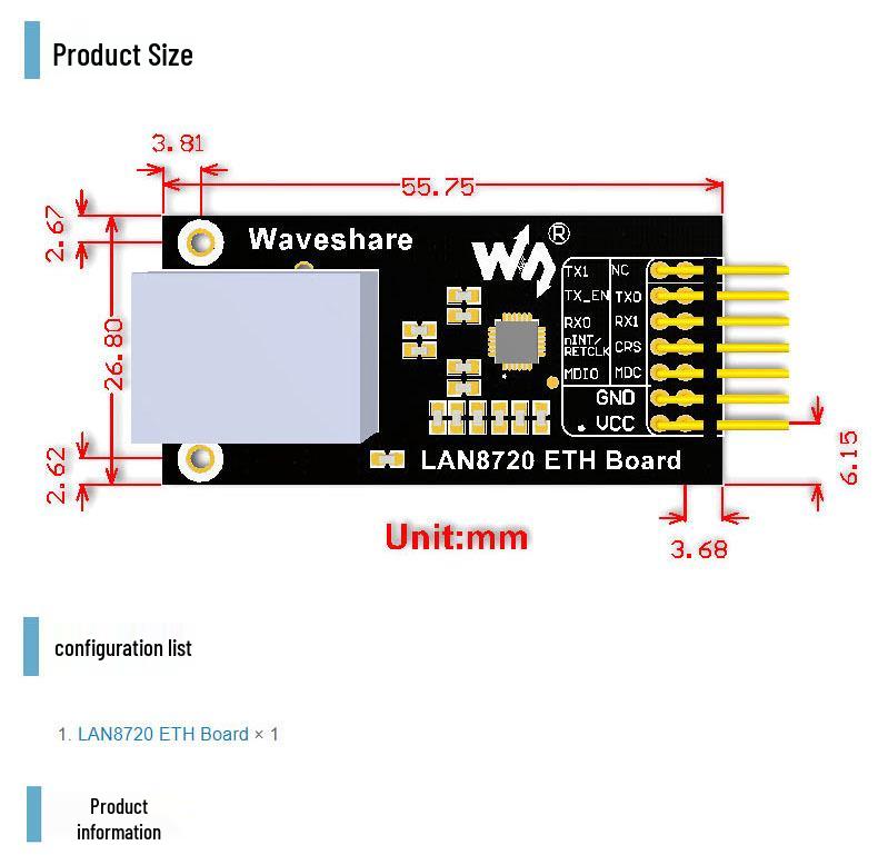 LAN8720 Ethernet Module: RMII Interface PHY Transceiver