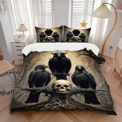 3pcs Raven, Skull Duvet Cover Set - Machine Washable, Includes 1 Cover and 2 Pillowcases, No Core Included Yy251013106