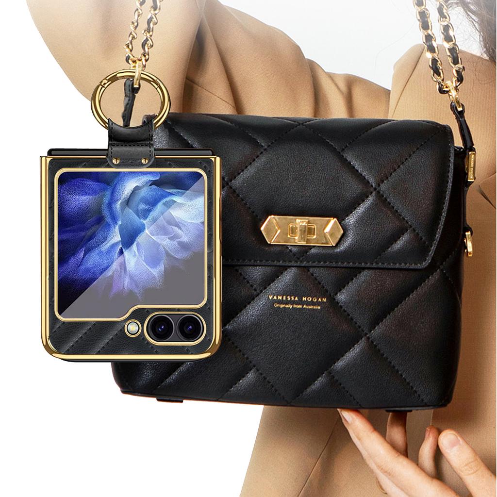 VIETAO Compatible With Samsung Galaxy Z Flip7 6 5 4 3 Golden Plated Finger Ring Holder Kickstand Leather Mobile Phone Case, Blue