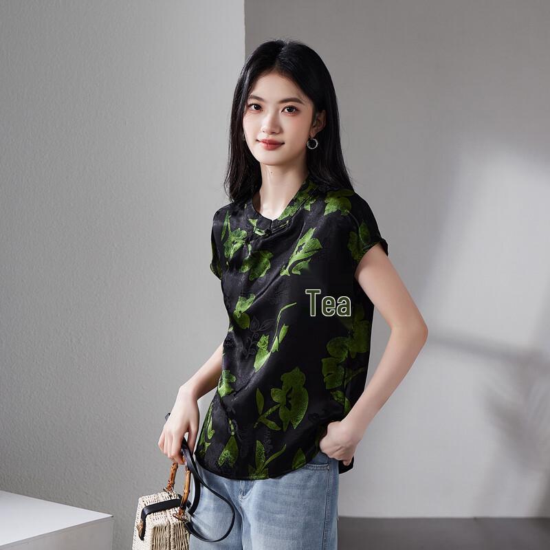 SOFSIL Women s Floral Print Stand-Collar Short-Sleeve Shirt M