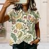 Women Plus Size Paisley Floral Printed Shirt Collared Short Sleeve Button Front Blouse