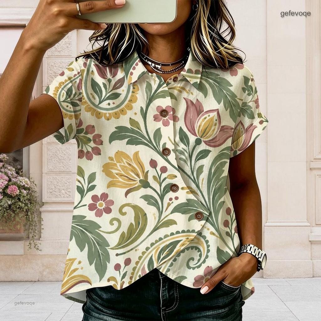 Women Plus Size Paisley Floral Printed Shirt Collared Short Sleeve Button Front Blouse