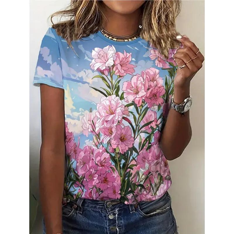 Summer Casual Printed Comfortable Temperament Round Neck Pullover Short Sleeved Women's Shirt