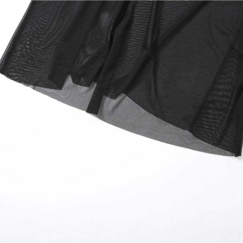 Netz Sexy Heiß Vintage Gothic Grunge Sets Lässig Elegant Neu Durchsichtig Damen Sommerkleidung Schwingender Hals Einfarbig Weiblich Mitternachts-Outfits