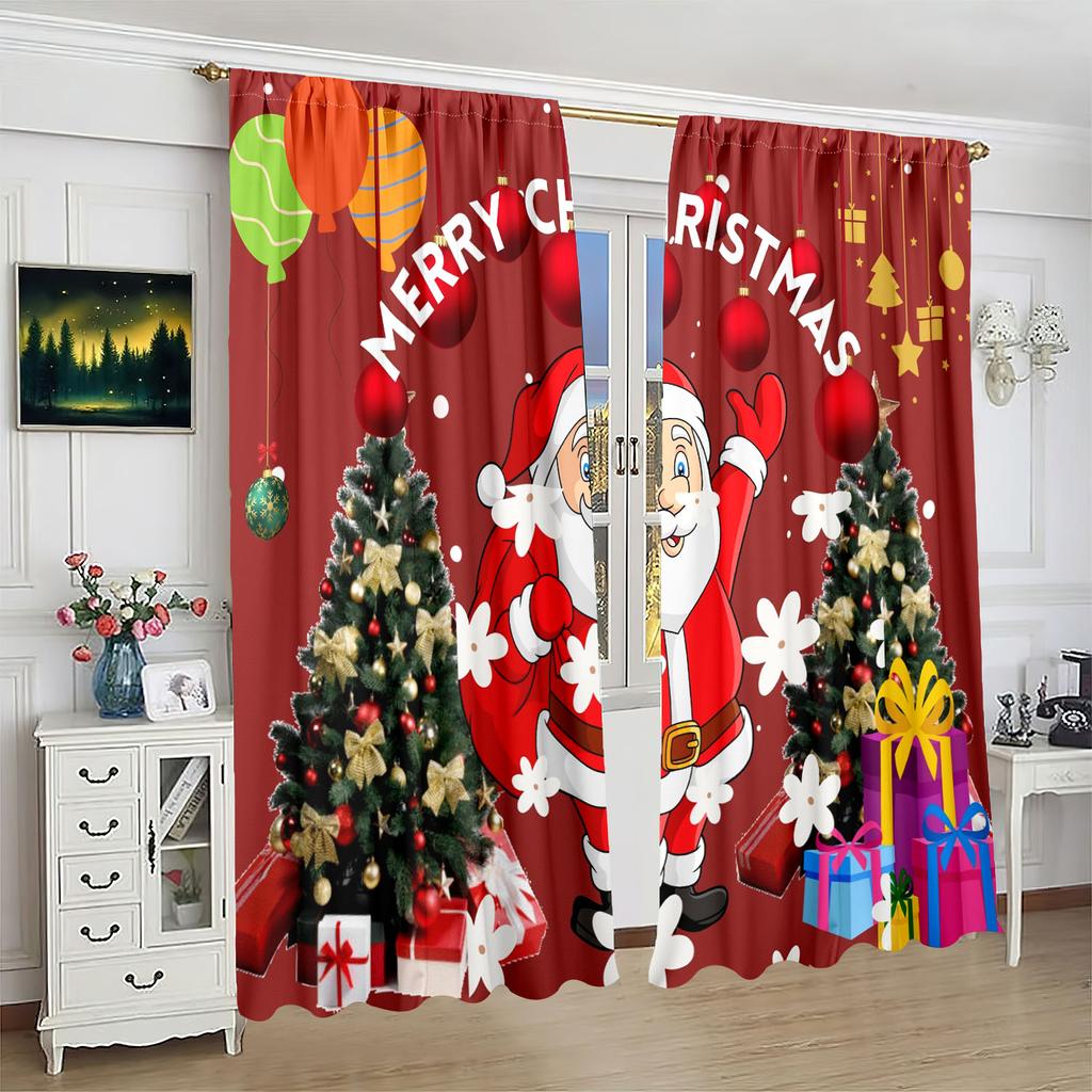 2 pcs - Winter decoration - Santa Print curtain - Polyester - suitable for bedroom, living room, study