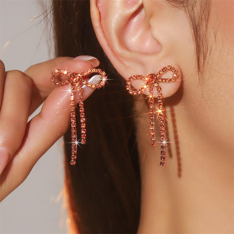 Sweet Rhinestone Crystal Long Tassel Drop Earrings for Women Girls Hollow Bowknot Crystal Dangle Earrings Party Xmas Jewelry