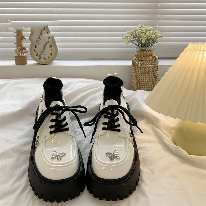 Fashion Women's Butterfly Patent Leathe Single Shoes College Style Comfortable Increased Student Lolita Gothic Shoes Japan Uniform Shoes