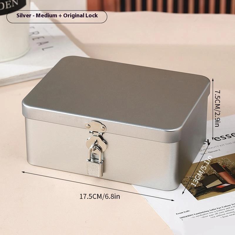 

Hot Sale Silver Lockable Tin Storage Box Multifunctional Desktop Storage Box Metal Box Jewelry Storage Empty Box