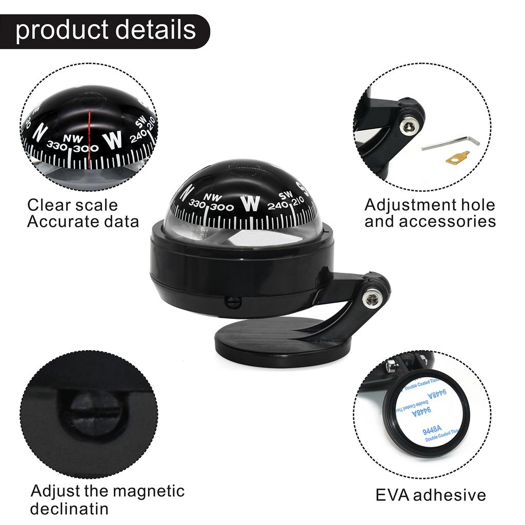 Mini Navigation Compass Camping Gear Small Compass Guide Ball For Marine Boat Vehicle Car Compass Black Car Decoration Car Parts