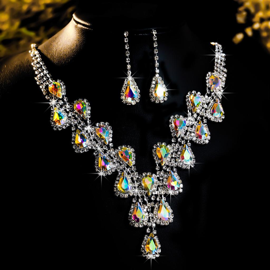 Conjunto de Colar e Brincos de Diamante de Luxo Acessórios para Festa Vestido de Casamento Jantar Corrente de Colar e Brincos de Strass da Moda para Meninas