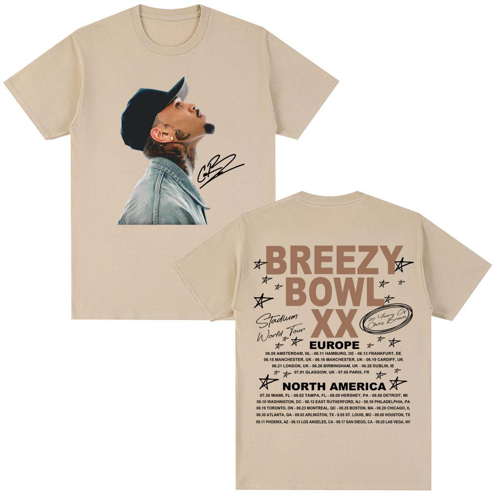 Rapper Chris Brown Album Tshirt Breezy Bowl XX Tour 2025 Hip Hop Vintage T Shirt Men Women Oversized Cotton Tshirts Streetwear