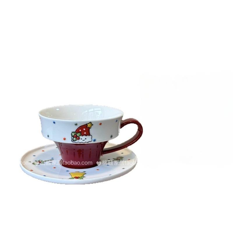 Cartoon Style Ceramic Christmas Coffee Cup and Saucer Set Hand-Painted Household Water Mug Creative Festive Gift for Holiday