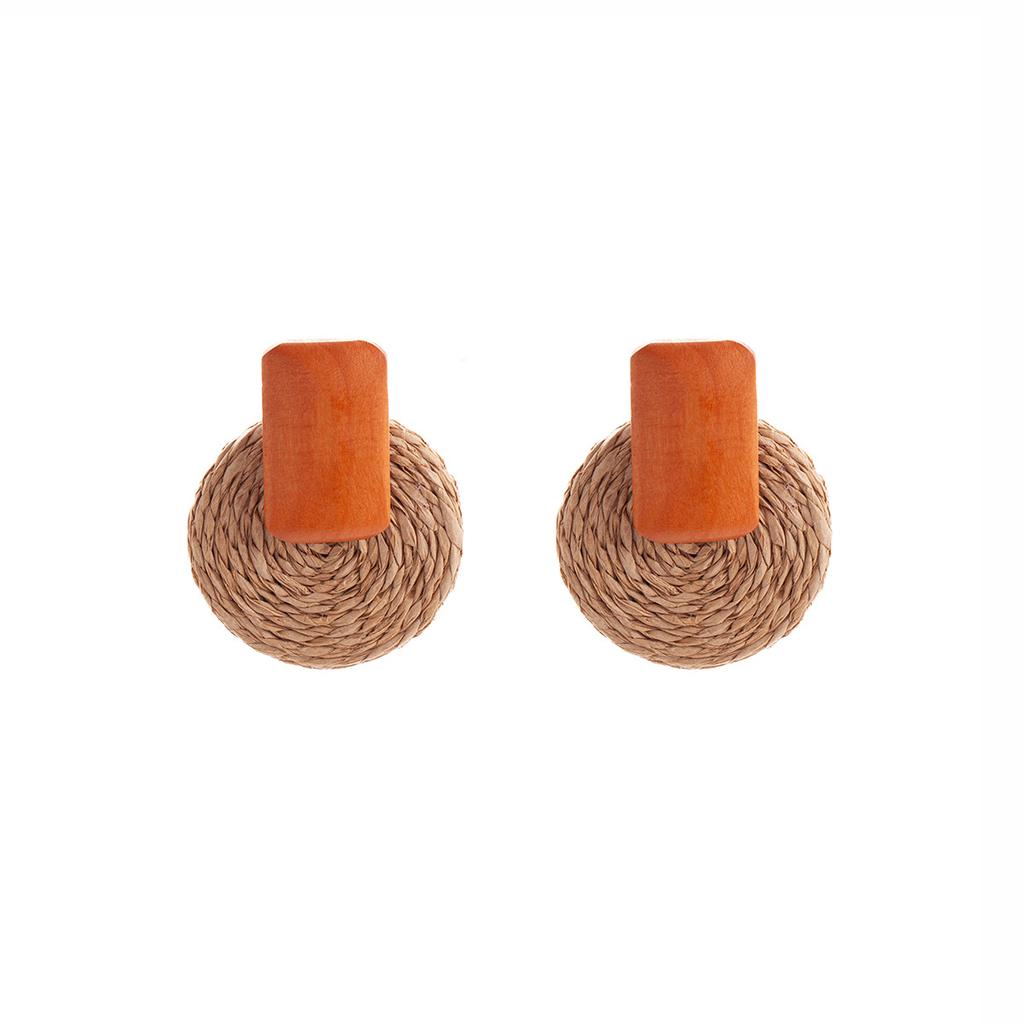 Bohemian Raffia Wood Geometric Earrings Women'S Hand-Woven Vintage Design Vacation Travel Wind Stud Earrings