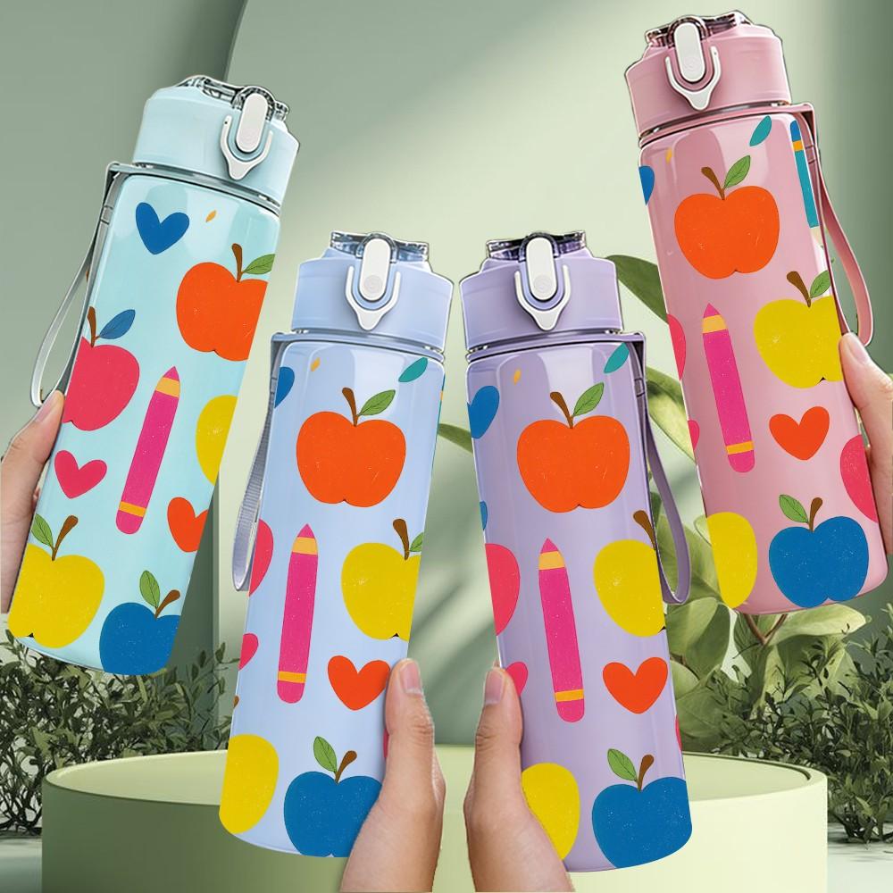 1PC Apple Heart Teacher Pattern 750ml Color Plastic Sports Water Bottle Leakproof Flip Straw Lid Suitable for Sports Office Home Use