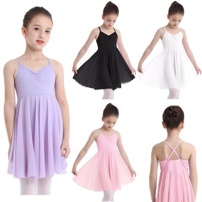 Kids Girls Shoulder Straps Criss Cross Chiffon Ballet Dance Gymnastic Leotard Dress