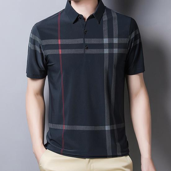 Herren Pullover Streifen Knitterfrei Eis Seide Kurzarm Slim Fit Hemd für Business
