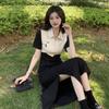 Contrasting color dress women's summer new POLO neck zipper splicing design feeling waist and thin split skirt