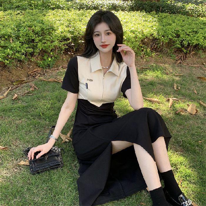 

Contrasting color dress women s summer new POLO neck zipper splicing design feeling waist and thin split skirt M