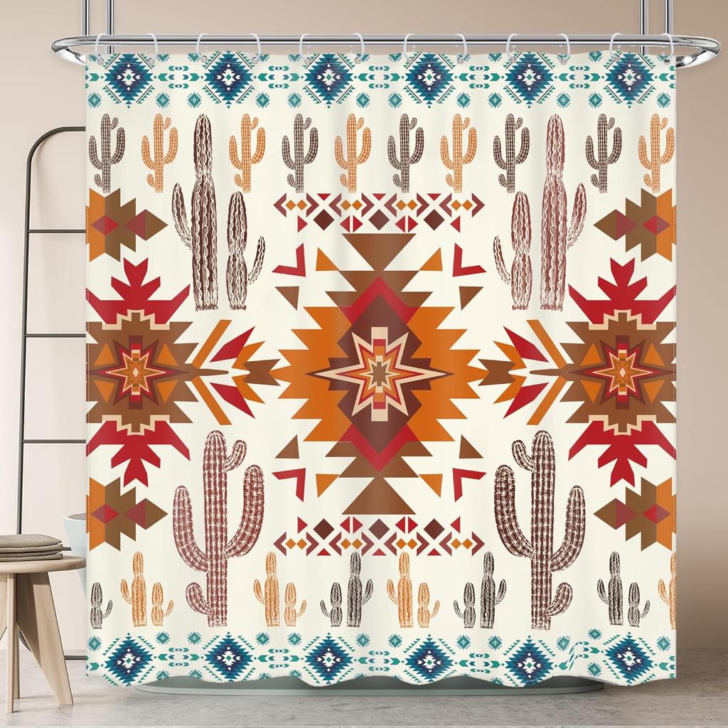 Orange Brown Western Aztec Cactus Shower Curtain Southwestern Boho Tribal Geometric Ethnic Bathroom Native American Waterproof