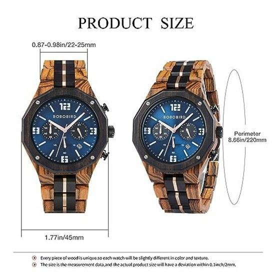 BOBO BIRD mens wooden watch sports fashion wristwatch casual chronograph quartz stainless steel strap date display blue medium luxury elegance