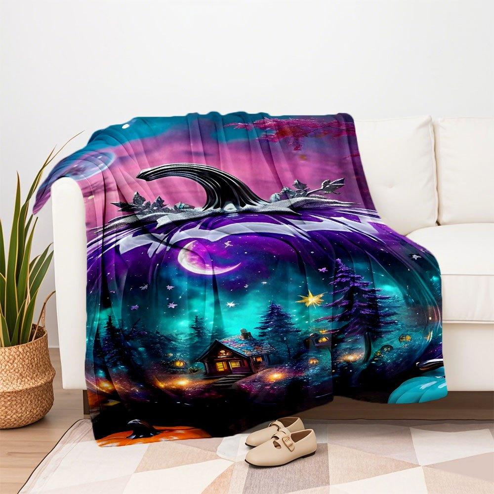 "Enchanted Pumpkin Night Scene Wall Art Print"Blanket Flannel Throw Blanket for Sofa, Bed, Travel, Camping, Office