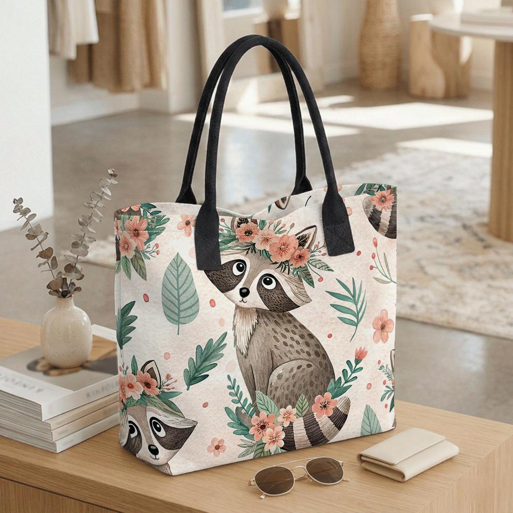 Cute Raccoon Floral Printed Tote Bag Large Capacity Casual Daily Shoulder Handbag for Women Shopping Travel