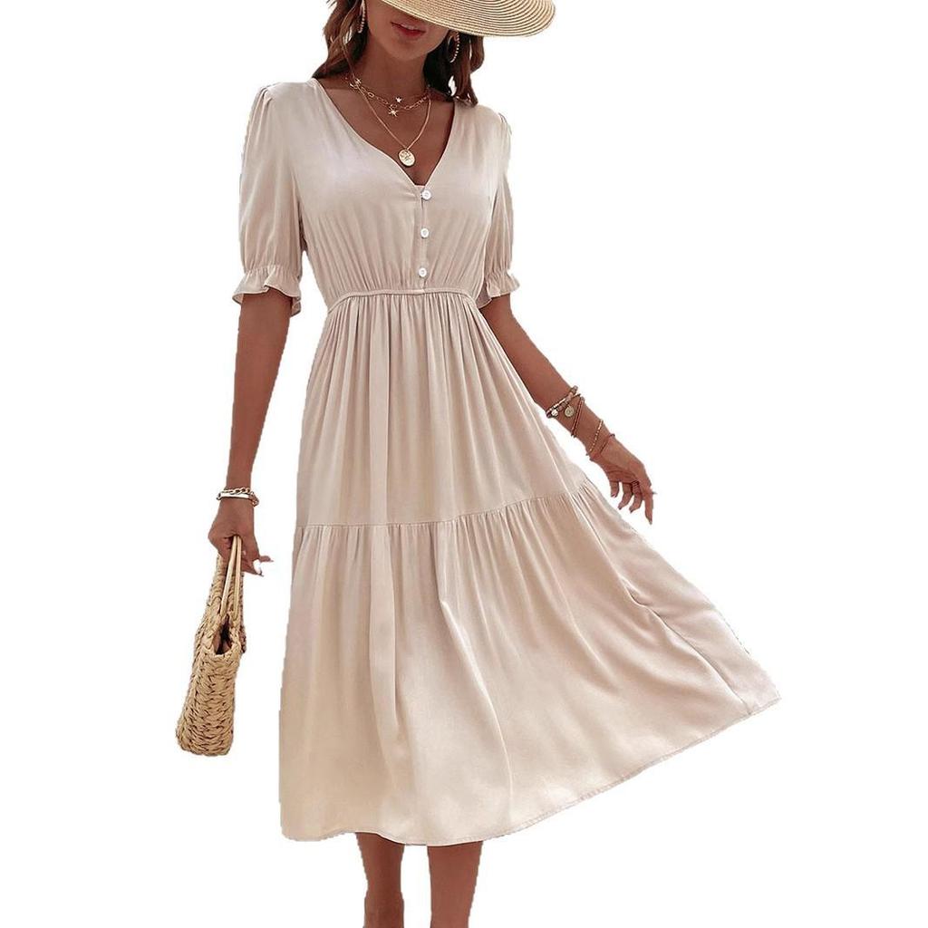 2025 European & American Summer Women's V-neck Solid Color Waist-cinching Dress