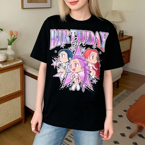 Tee Shirt Round Neck Short Sleeve Cartoon Anime Pattern Women T-shirt Loose Fit Breathable Casual Blouse Daily Wear