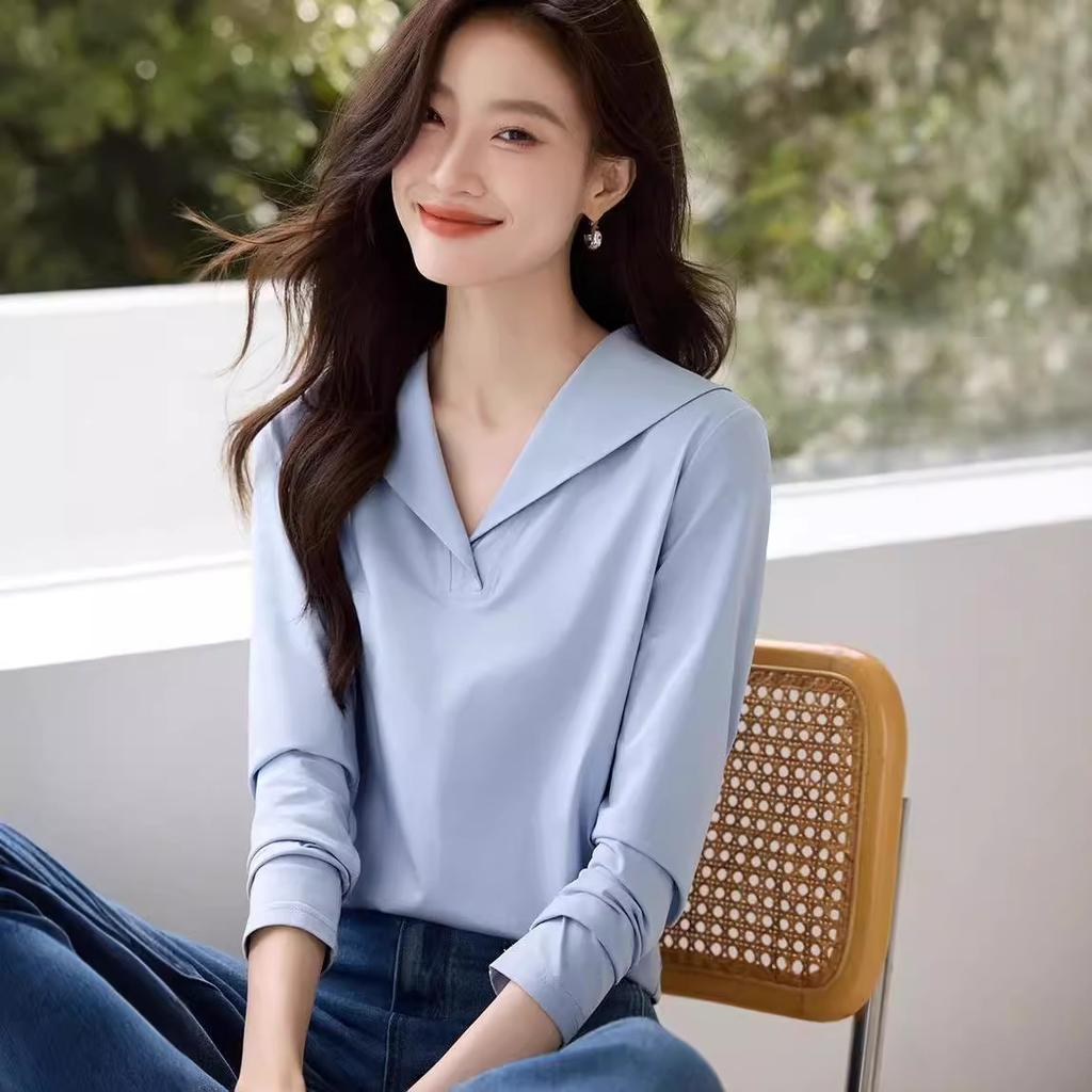 Maglietta a maniche lunghe con scollo a V blu navy Autunno Nuova Casual Basic Versatile Maglietta da donna