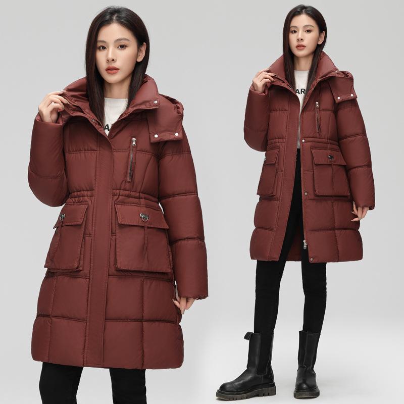 Hooded 2025 cotton jacket women's mid-length fashion tunic temperament padded clothes with large pockets mid-length padded jacket jacket