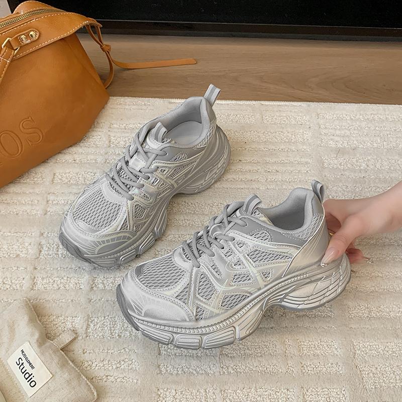 

Женские кроссовки на толстой подошве из натуральной кожи, весенние новинки, увеличивающие рост, легкие, универсальные, для бега, спортивные, повседневные 40 серебряный