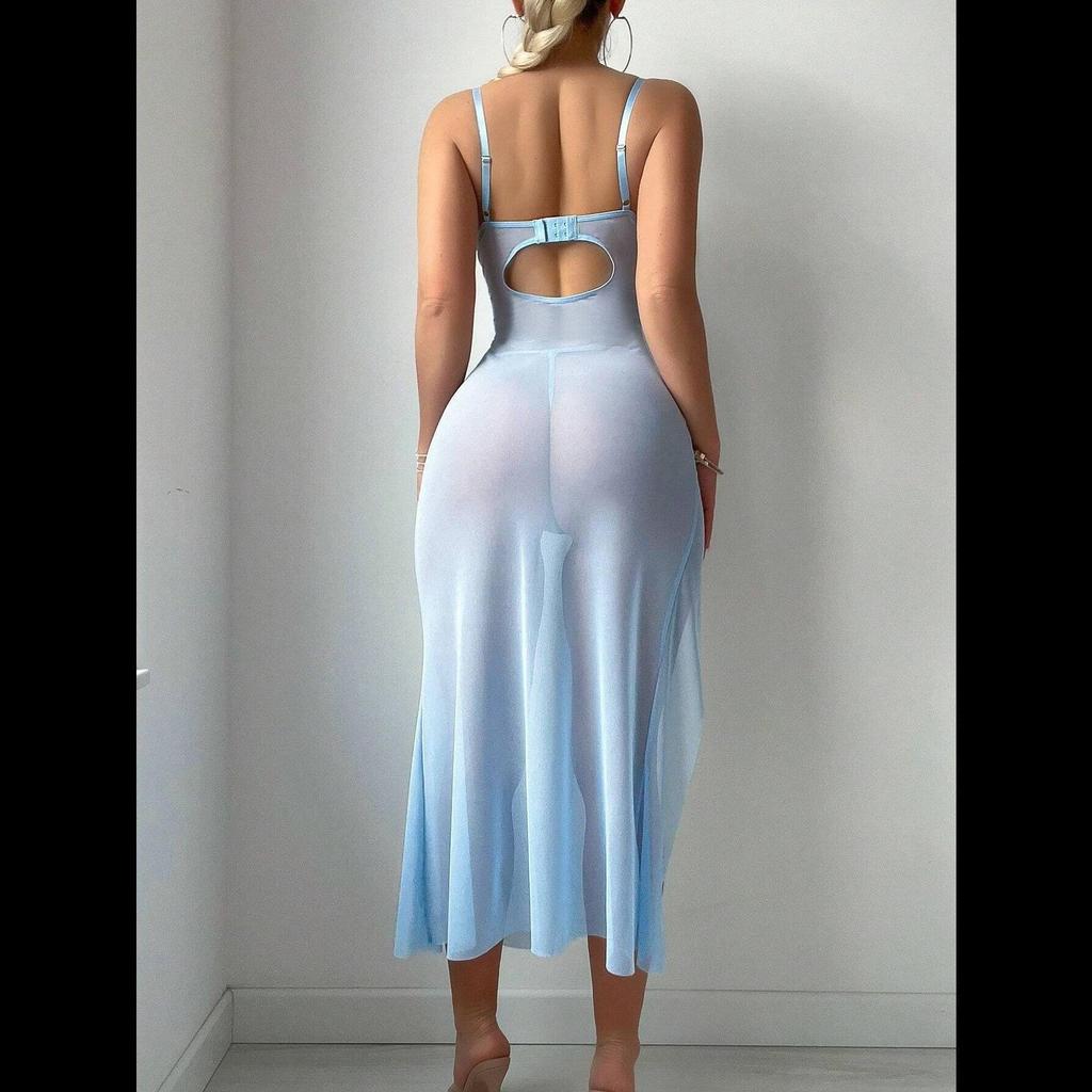 Sheer Mesh Embroidered High Slit Butterfly Lingerie Dress