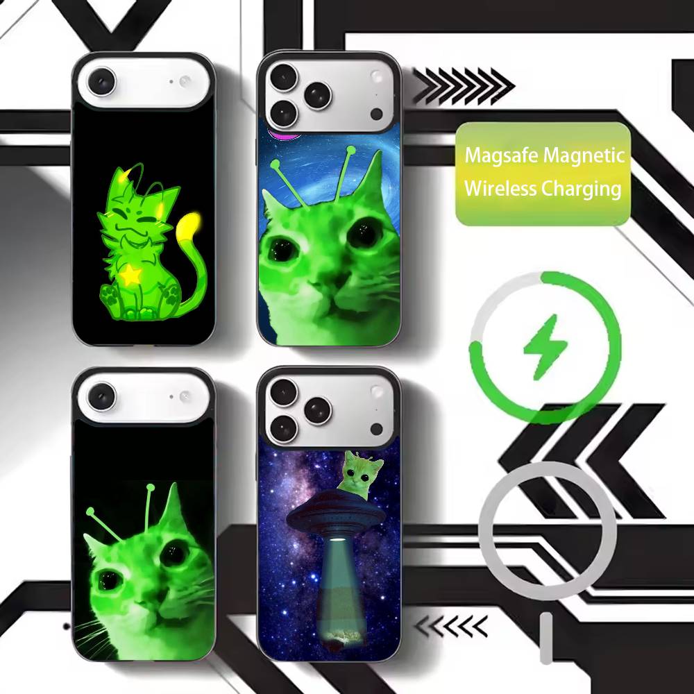 Green alien cat cute Phone Case For iPhone17,16,15,14,13,12,11 Plus,Pro Max Magnetic For Magsafe Wireless Charging