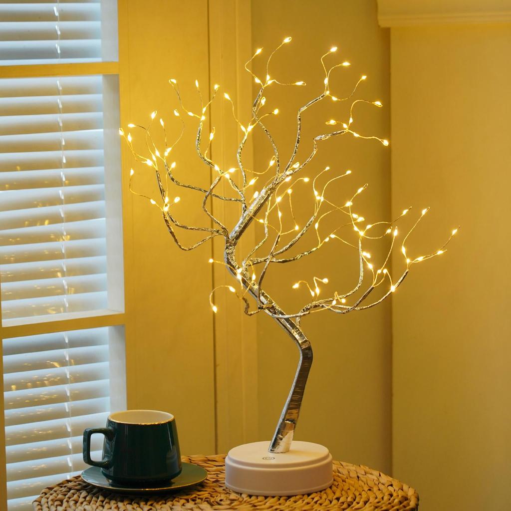 LED Bonsai Tree Lamp: Silver Branches with Pearls and Gold Leaf, Perfect for Christmas or Night Lighting