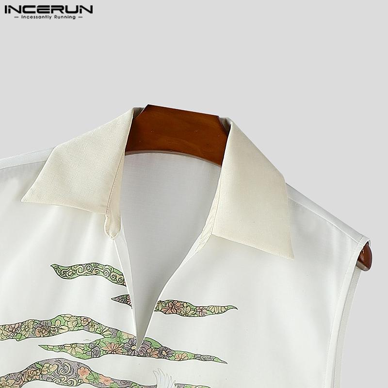 INCERUN Men Lapel Neck Sleeveless Fake Two-piece Print Casual Tank Tops