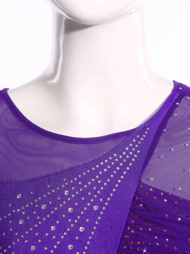 Lyrisches Tanzkleid für Damen Glänzende Strasssteine Colorblock Patchwork Seitenschlitz Mesh Bühnenbekleidung