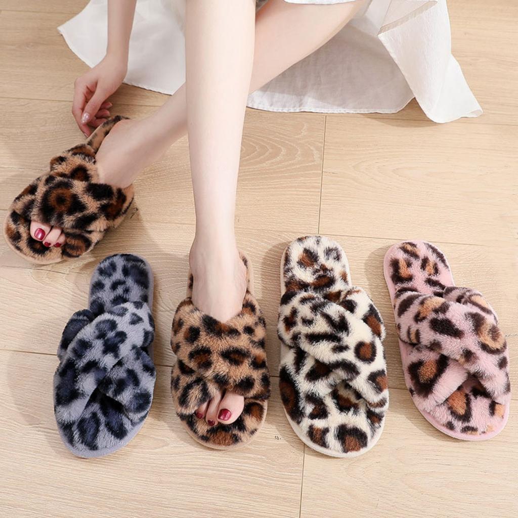 Ladies, Cross Straps, Plush Slippers, Indoor, Warm Cotton Shoes, Thick, Open Toed, Plush Slippers