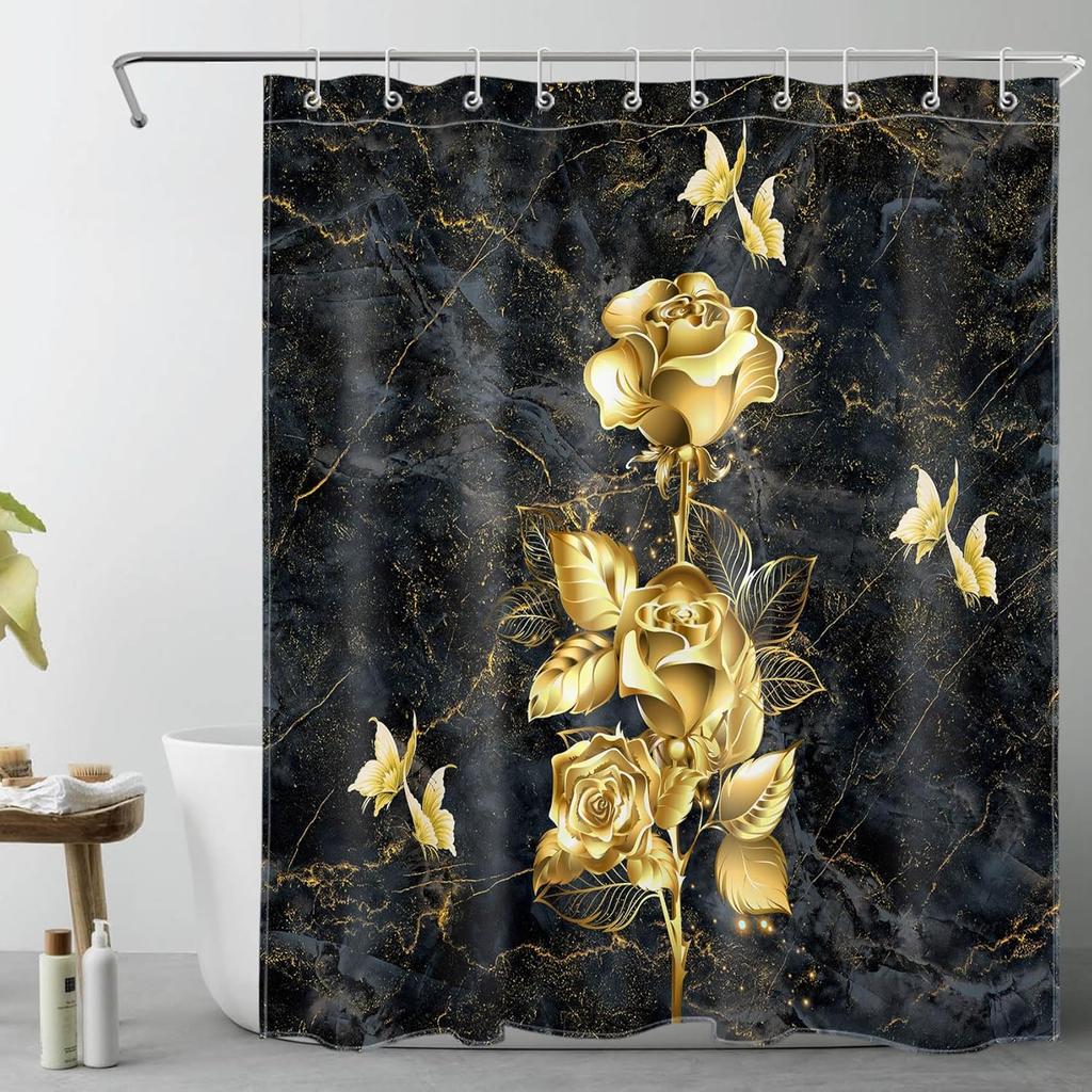 Japanese Shower Curtain Black Bamboo Bath Curtain Red Sun and Mountains Asian Ink Painting Anime Bathroom Curtain Set with
