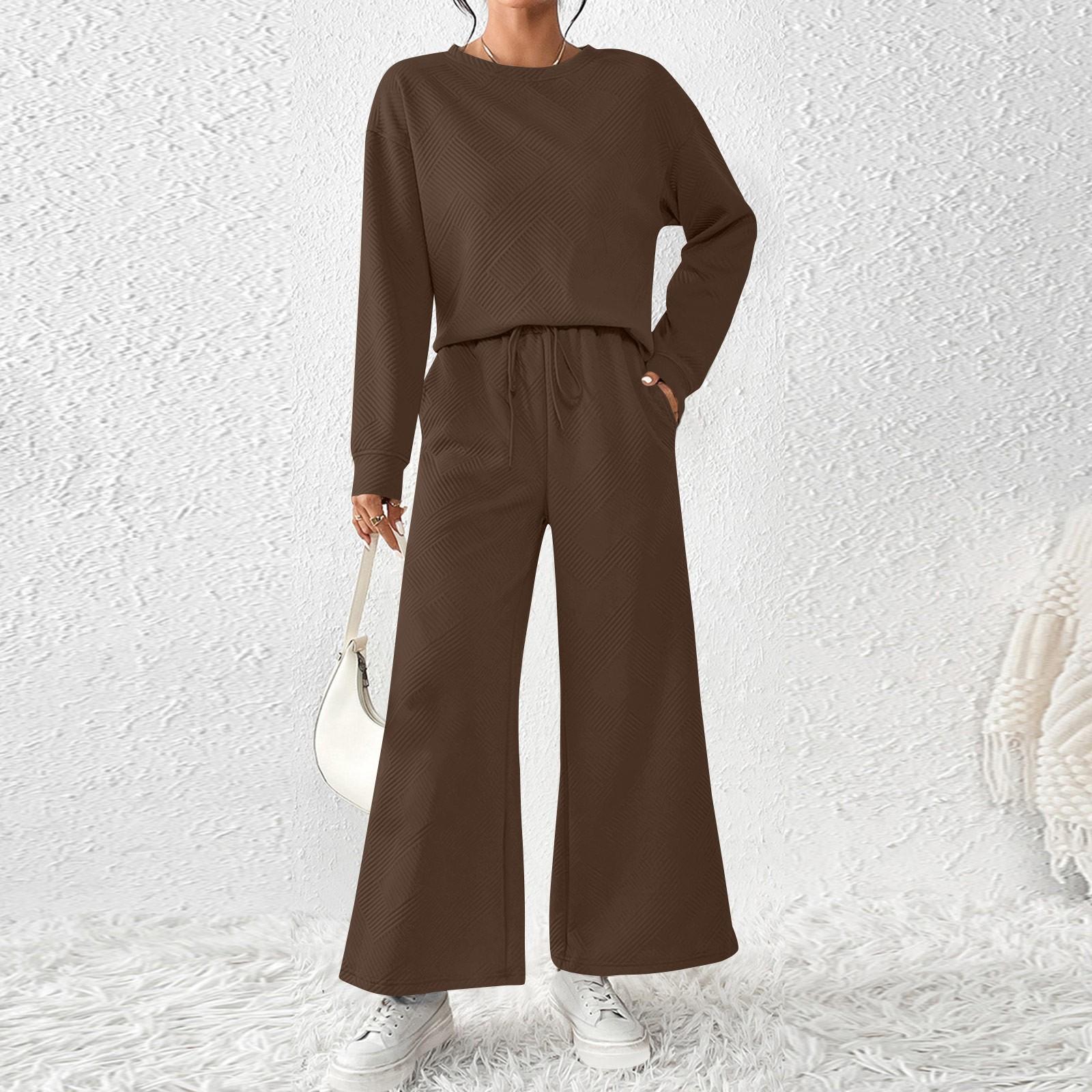 

Женский однотонный темпераментный повседневный свободный текстурированный спортивный костюм с эластичной талией и завязками на талии L кофейный